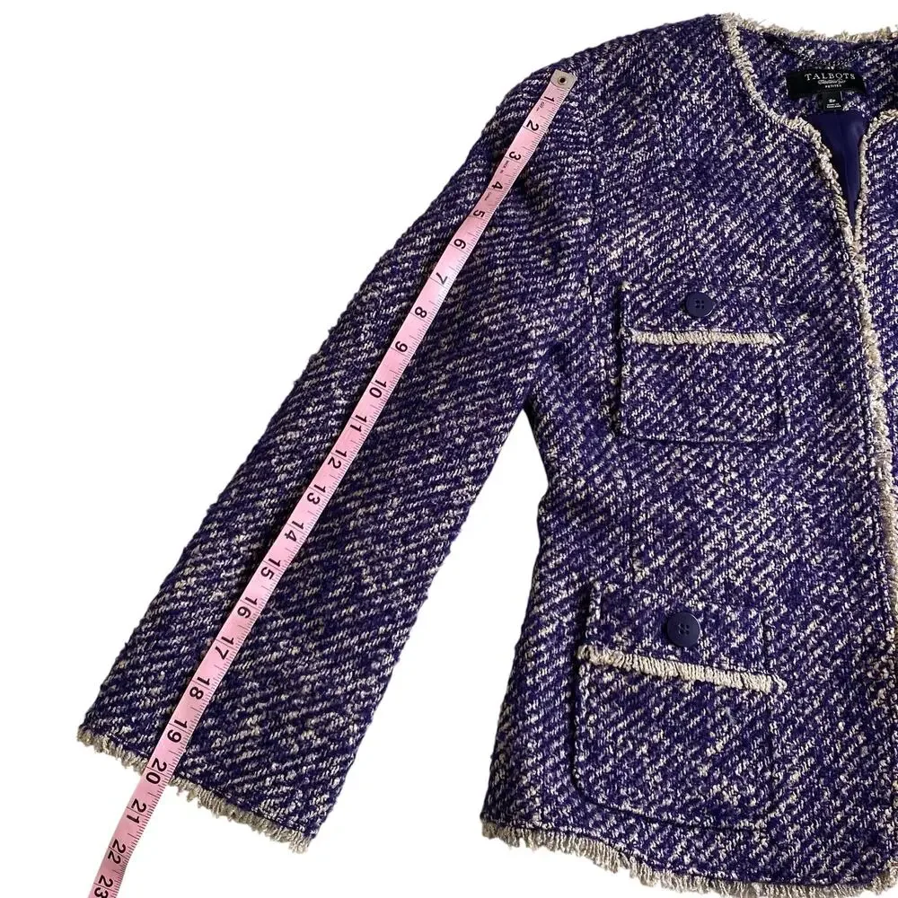 Talbots Boucle Tweed Blazer Blue Fringe Trim Open Jacket Size 8P Jackie O Preppy